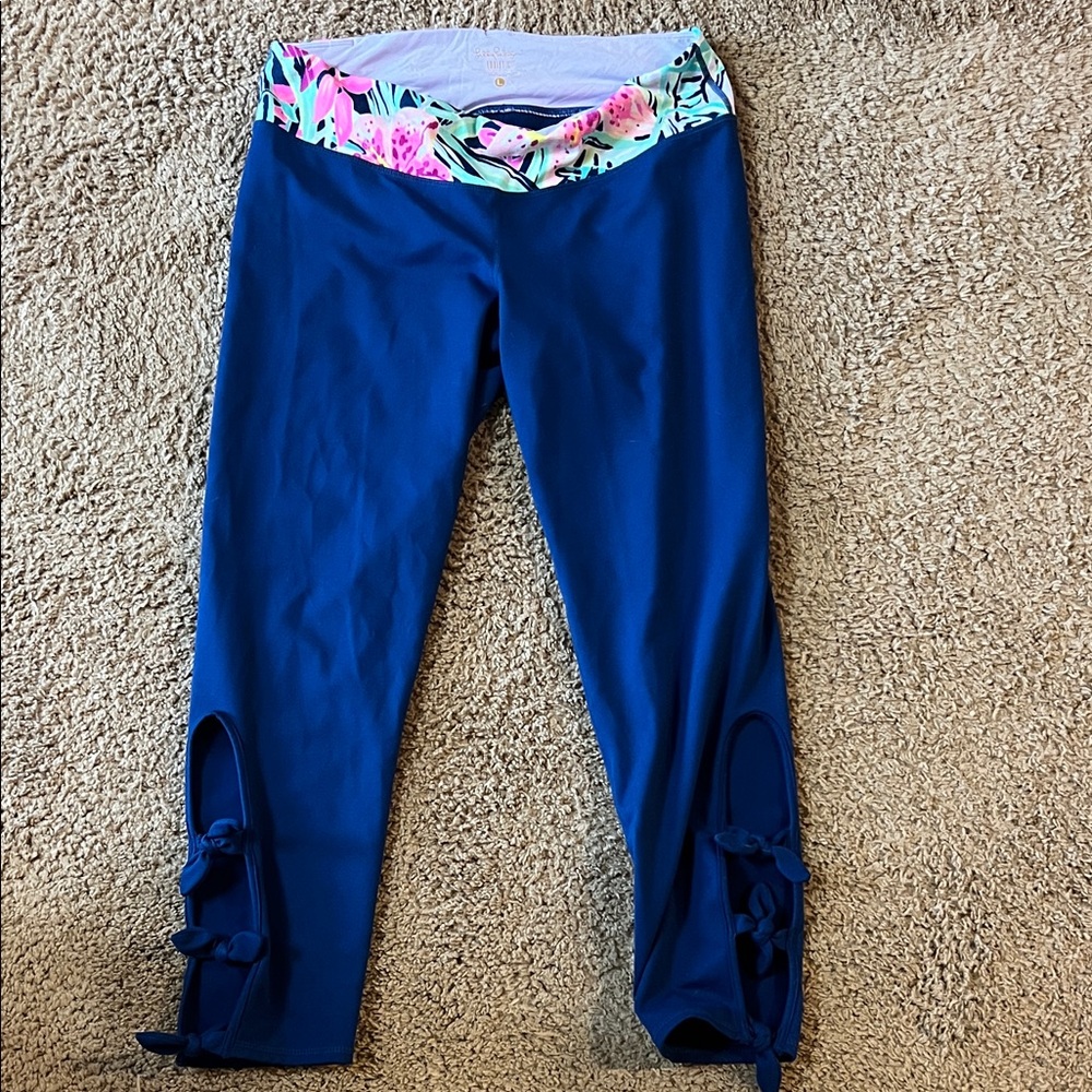 Navy Luxletic Capri Leggings with Floral Waistband